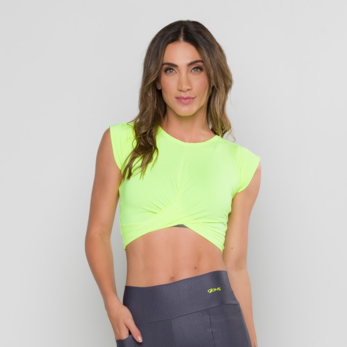 Cropped Transpassado com Manga Amarelo Neon