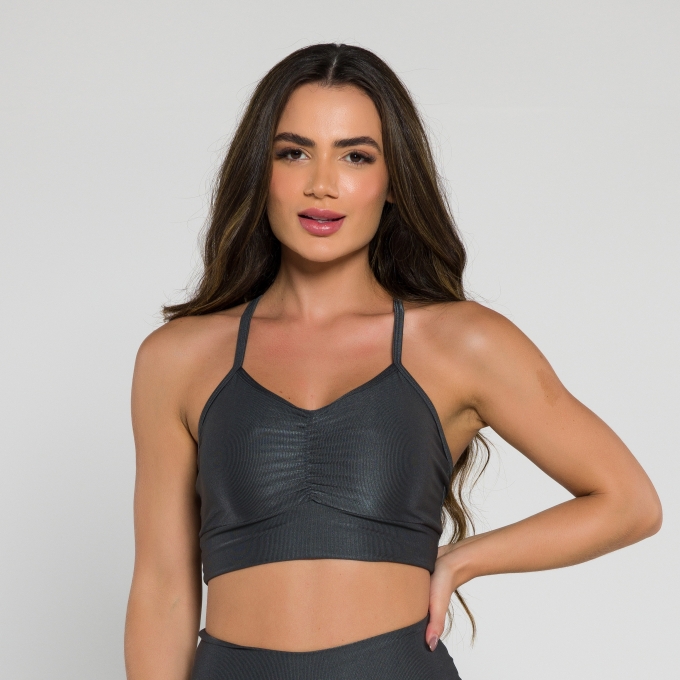 Top Franzido Mini Canelado Cinza