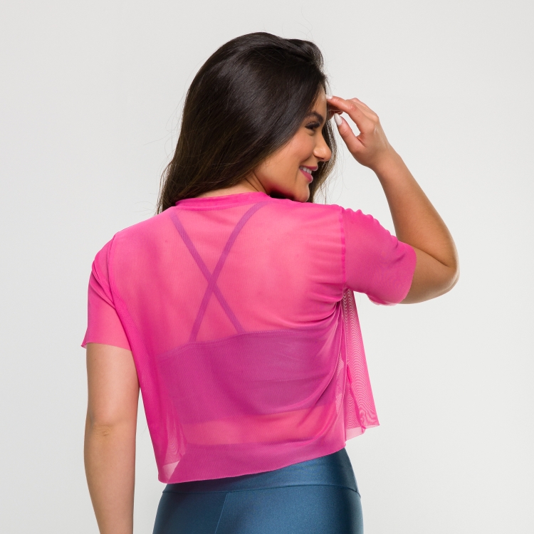 Cropped de Tule Manga Curta Rosa