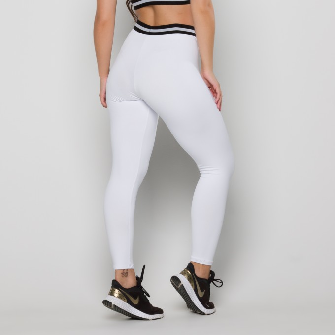 Calça Legging Branca com Elástico Preto e Branco
