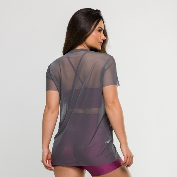 Blusa de Tule Manga Curta Cinza