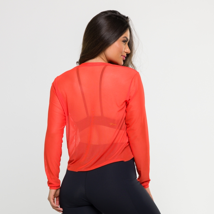 Cropped de Tule Manga Longa Laranja