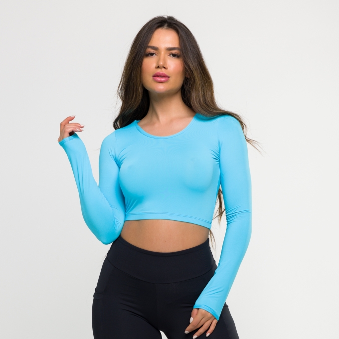 Cropped Manga Longa Azul Claro
